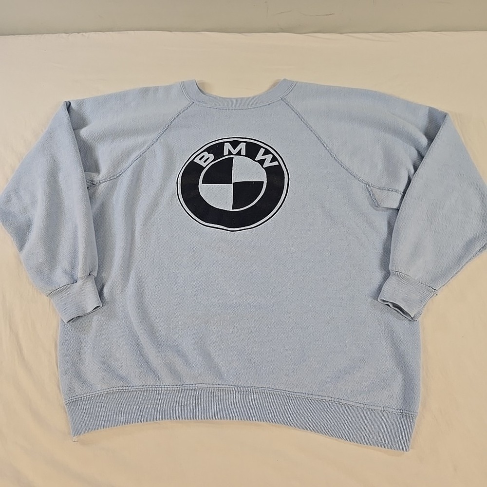Vintage 80s BMW Raglan Sweatshirt Size Large Baby Blue Crewneck